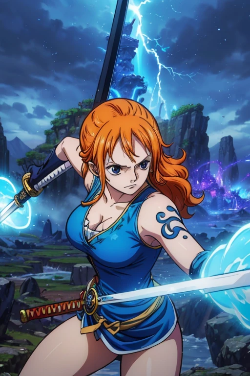  (Best Quality, 4K, 8k,  High Resolution , masterpiece:1.2), Super detailed, (Realistic, photoRealistic, photo-Realistic:1.37),  Preserving Anime Style ,Nami from One Piece,Brave look,Pale orange hair ,Left shoulder tattoo,Large Breasts, knight,knightの鎧,shield,Wield a blue sword,He is a capable thunder magic swordsman,Wears a blue aura , A world where blue lightning and light sources shine,(The destructive power of a thunder magic sword )