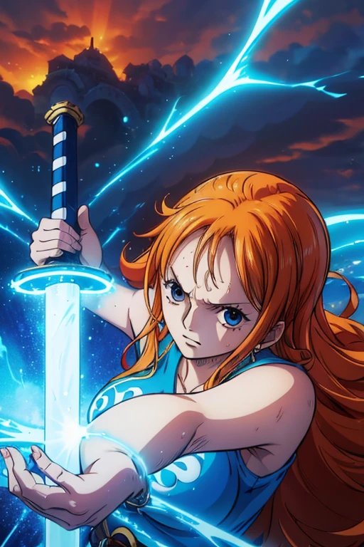  (Best Quality, 4K, 8k,  High Resolution , masterpiece:1.2), Super detailed, (Realistic, photoRealistic, photo-Realistic:1.37),  Preserving Anime Style ,Nami from One Piece,Brave look,Pale orange hair ,Left shoulder tattoo,Large Breasts, knight,knightの鎧,shield,Wield a blue sword,He is a capable thunder magic swordsman,Wears a blue aura , A world where blue lightning and light sources shine,(The destructive power of a thunder magic sword )