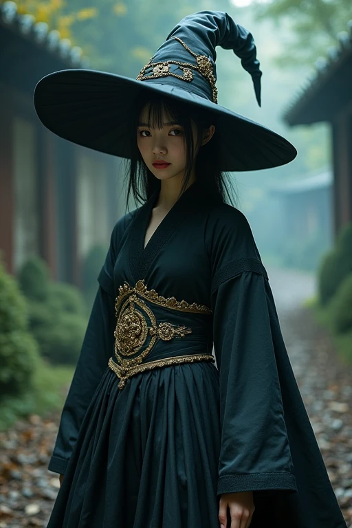 Japanese woman in her 20s wearing a full-body witch costume