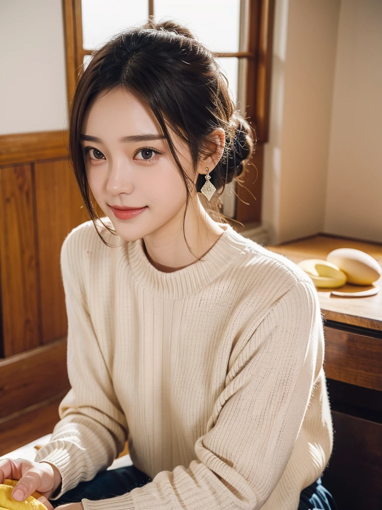 (Highest quality:1.4、masterpiece:1.4、Super detailed:1.4、8K:1.4)、Detail portrait of a young woman sitting in a contemporary indoor cafe environment。She has long, straight brown hair、Lightly wavy、She has side-swept bangs that frame her face.。The skin is white and smooth、There is a slight redness on the cheeks。She has large, expressive eyes、Eyelashes and eyebrows are well defined。The lips are slightly smiling。She wore a fitted black ribbed sweater that accentuated her curves and、She is wearing a light-colored skirt。Her hands were gently placed on the wooden table in front of her.、On her right hand you can see a delicate ring.。Green potted plants in the background、Wooden furniture、There is a large window、Natural light、Creates a warm and inviting atmosphere。The lighting is soft、It highlights her facial features and the texture of the sweater.。