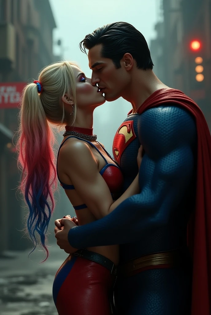 A couple cuddling, Taylor Swift as Super girl, short blonde hair, wearing a Supergirl outfit, deep cleavage visible, and Tobey Maguire as Spiderman, handsome, long sharp nose, Spiderman outfit, robust, on a rooftop in New York City, closeup, photorealistic, High resolution