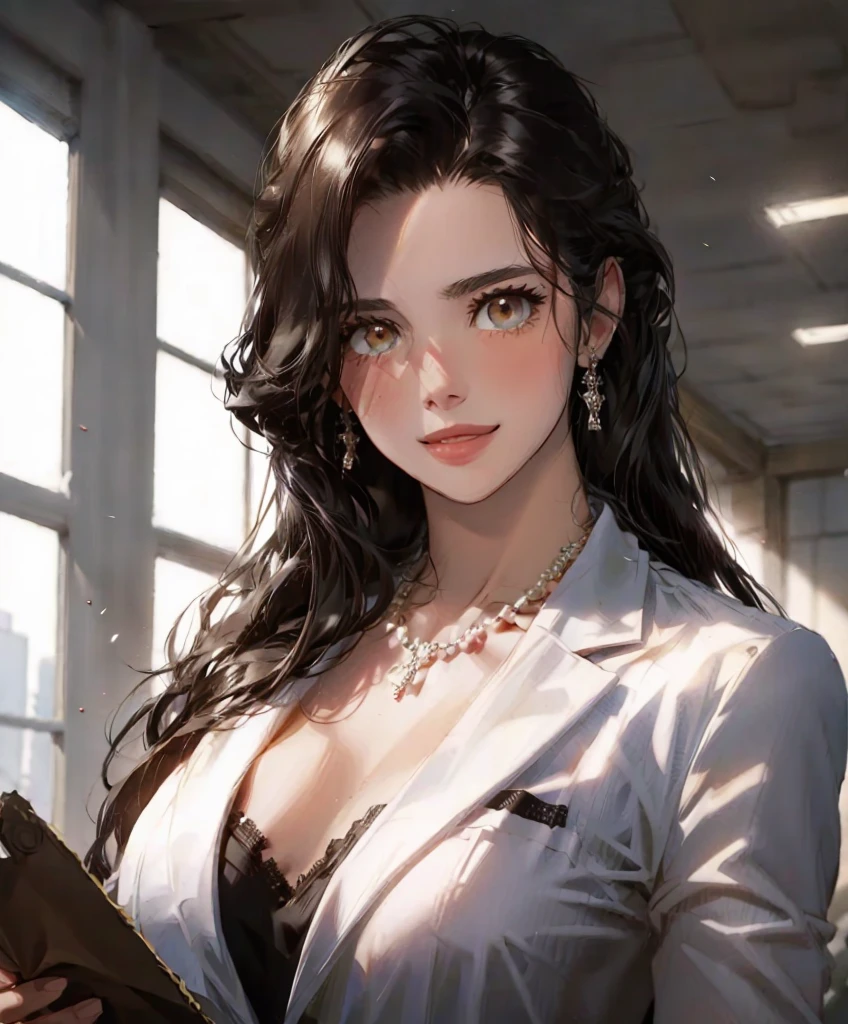 Girl with long straight black hair and brown eyes, beautiful, thin, flat, tall, wearing a businesswoman's uniform, unbuttoning the top leaking out breasts, big breasts,