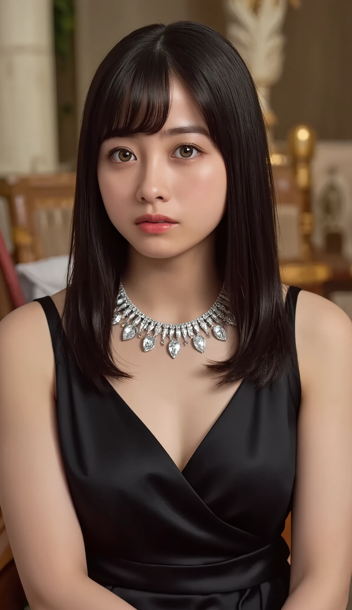 One Woman、beautiful、Perfect looks、Pale turquoise eyes:1.3、Small breasts、Perfect balance、Black Silk Dress,simple diamond necklace、(((Blurred Background)))、Luxury palace,Sparkling Room、(Please redeem: 1.1), (Realistic: 1.1), (photograph: 1.1), (Very detailed: 1.1),