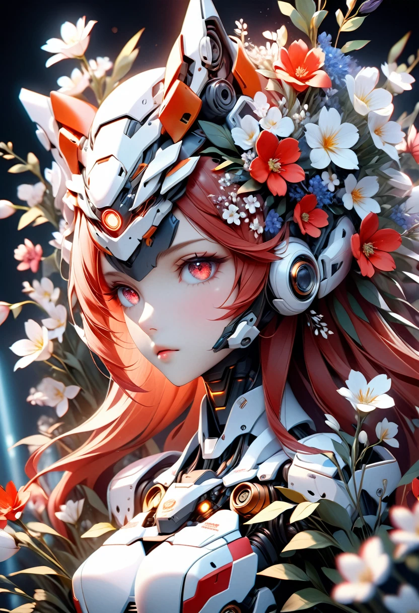 A highly detailed and beautiful mecha anime girl portrait, fusion of art and mecha aesthetics, red-haired twin-tailed girl, extremely detailed and beautiful hair, extremely detailed and beautiful red passionate eyes, extremely detailed realistic white skin, wearing a stylish mecha helmet with a lion's mane-inspired red and white color scheme, body is a detailed red and white color scheme anime robot, entire body is illuminated by glowing red neon lights, detailed mechanical joints visible on the body, the mecha girl is surrounded by a multitude of beautiful colorful flowers, the flowers accentuate her otherworldly beauty, extremely detailed and dense description of the robot body, background is a fractal art-like white canvas with beautiful flowers, extremely dense mecha details in the background, close-up shot of the mecha girl's bust, strong shallow depth of field, (best quality, 4k, 8k, highres, masterpiece:1.5), ultra-detailed, high-quality 3D rendering, dramatic lighting, professional photographic resolution, award-winning