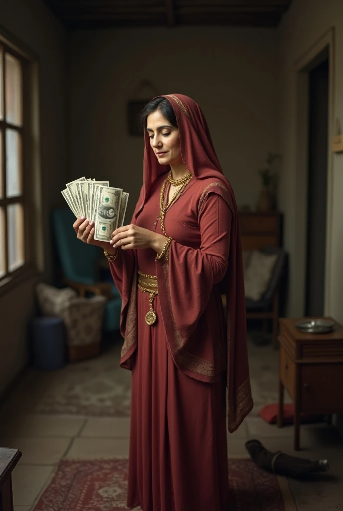 A highly detailed, cinematic portrayal of Fatima in a lavish yet modestly decorated room, wearing traditional Muslim attire with a hijab, surrounded by symbols of wealth like gold coins and jewels. She is depicted deep in thought, with a look of determination and responsibility. The scene should have a warm, golden tone, emphasizing her noble intentions.