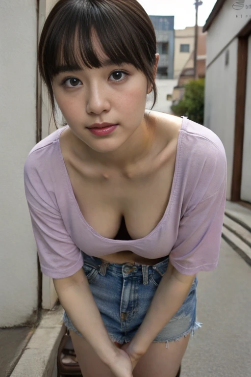 (nsfw:-2), realistic, photo-realistic, masterpiece, best quality, high resolution, extremely detailed, intricate details, realistic and sharp details, cinematic lighting, portrait, lower angle, close-up face, looking at viewer, solo, 1girl, a  Japanese woman, leaning forward, big breasts, wearing a loose t-shirt and miniskirt, down blouse, braless, sandals, dark hair, bowl cut hair, baby face, cute face, detailed face, beautiful detailed eyes, sophisticated nose, beautiful pupils, photo background, outdoors, the way to home, in the alley, daytime, 