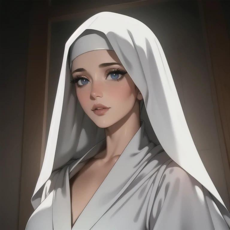 beautiful young thin nun in white robe, detailed face, long eyelashes, detailed eyes and lips, serene expression, intricate fabric texture, dark dramatic lighting, dramatic chiaroscuro, cinematic, highly detailed, 8k, photorealistic