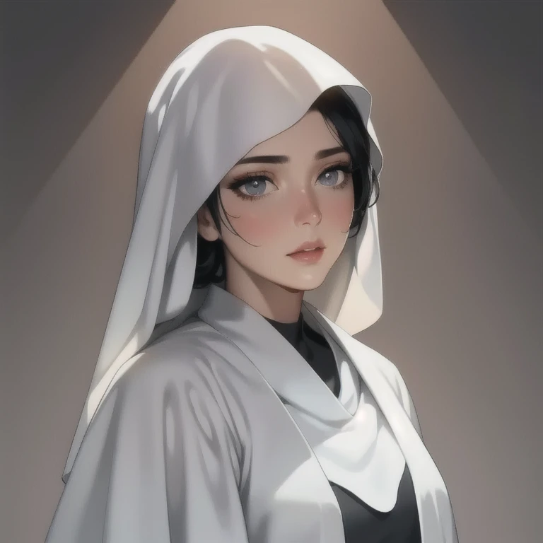 beautiful young thin nun in white robe, detailed face, long eyelashes, detailed eyes and lips, serene expression, intricate fabric texture, dark dramatic lighting, dramatic chiaroscuro, cinematic, highly detailed, 8k, photorealistic