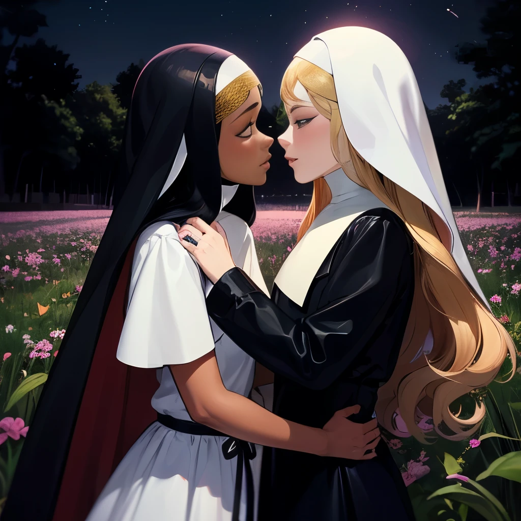 two girls kissing each other at night in a field full of fireflies ,  one of them wears nun clothes and has short and voluminous dark blonde curly hair,  the other one is a dark-skinned girl with big straight hair and black in an alternative style, HQ Less style 