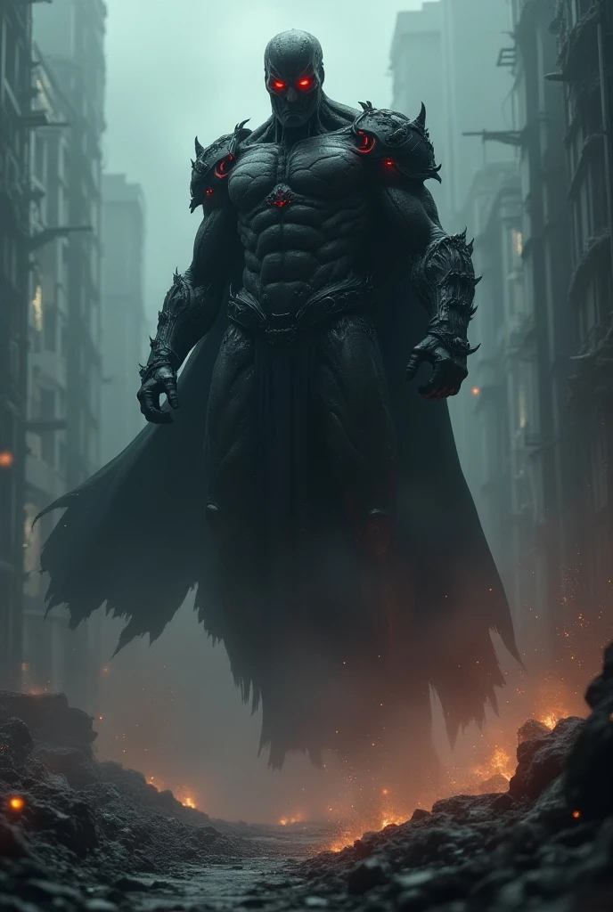 top-quality、Top image quality、masterpiece、Diabolical((Diabolicalの斧を持つ、Black cloak、well-muscled、best macho、full body chain、Angry eyes、Red blood、fighting poses、lava body,There'There's flames coming out of my head、Skeleton head)),hiquality、Beautiful Art、Background with((A crumbling city、the City of Fire)),masutepiece、Elaborate design、visualart、Perfect Art、Horror movie style、