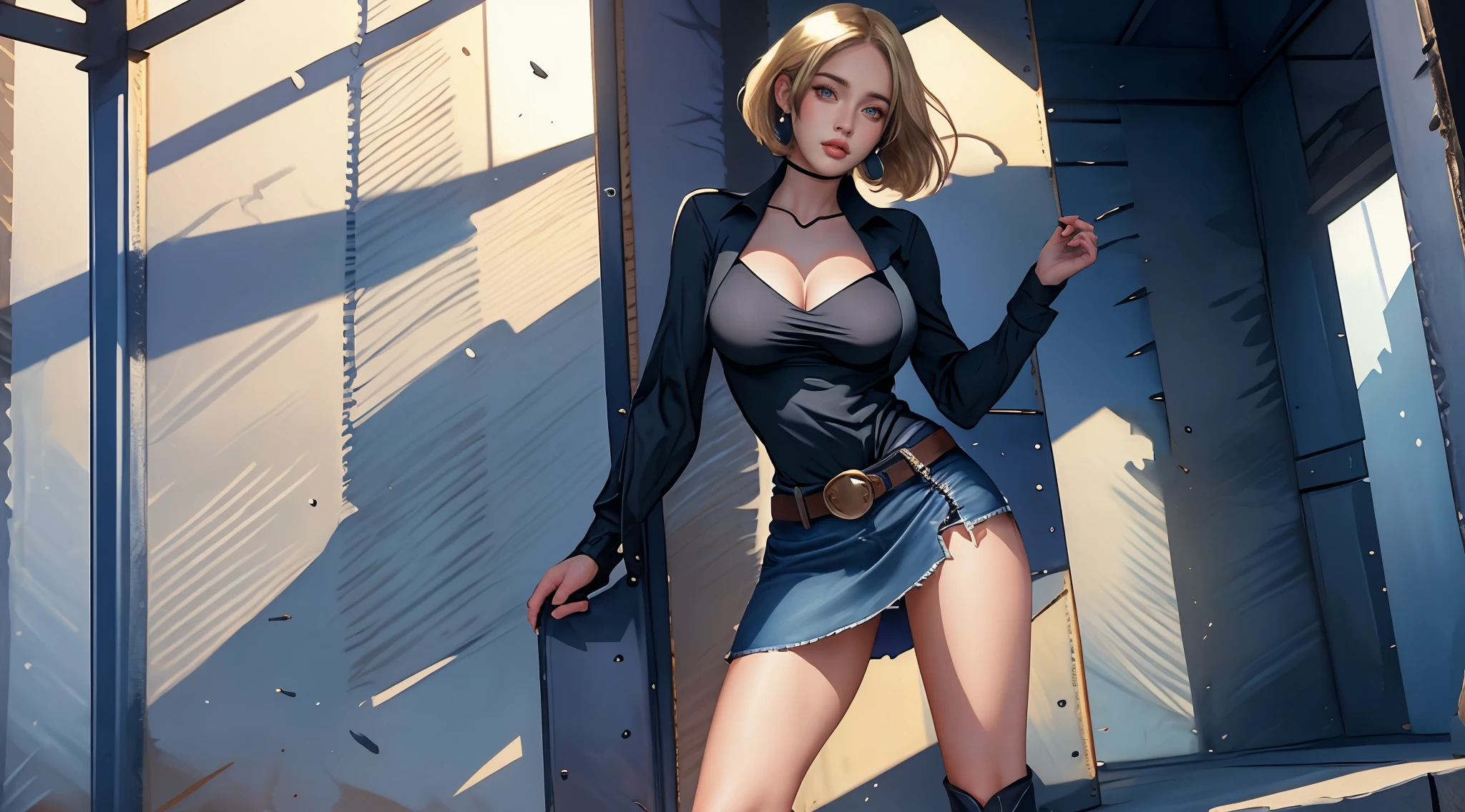Hyper detailed image, UHD, 16k, professional photo, (Realistic photo of Android-18 from Dragon Ball Z) girl Goddess of beauty, charming, very straight short blonde hair, a strand of hair between her eyes, serious facial expression, (( she wears a blue denim jacket and a white cropped shirt, short white underground showing her chest meat)), erotic open denim jacket showing her impressive, beautiful and perfect big breasts, ((natural sagging breasts, breasts, ultragiant pointed long breasts coming out of the jacket)) full breasts, large body, thin, curvaceous, pert ass, she wears a belt and a (((blue denim skirt raised she doesn't wear panties, pussy exposed, pubic hair exposed, lifting her skirt with her hand ))), thick legs open, smiling showing thong stuck in pussy, flexible body, brown boots, perfect hands and fingers, dark environment, cyberpunk background,
(android-18 cyberpunk style), Official Art, Android-18 Sexy woman, official character art, sexy female protagonist, curved, slim and toned body, legs open, exposed, micro thong stuffed in her pussy:8, Akiri Toriyama, Director: Akira Toriyama, Bulma from Dragon Ball, Best Anime Character Design, Style Akira Toriyama, single character beautiful, half-naked, (great lighting) (pussy, porn, pubic hair), (no panties)