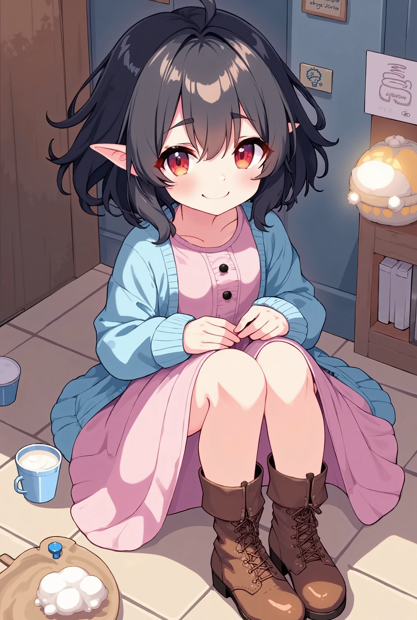 anime artwork, vampire girl, a cute girl with short back fluffy hair, she has beautiful red eyes, she has eyes with snake texture, she has pointy ears, she wearing a pink color dress and light blue color cardigan, she has a brown leather boots, mischievous smirk expression, indoor