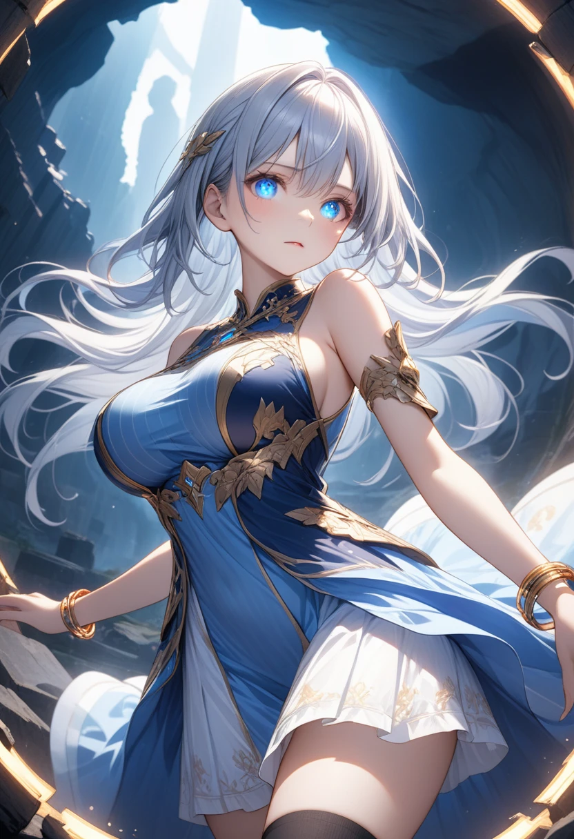 One girl, solo, Long Hair, Bangs between the eyes, , blue eyes, Gray Hair, Dutch Angle, cute, Demon King