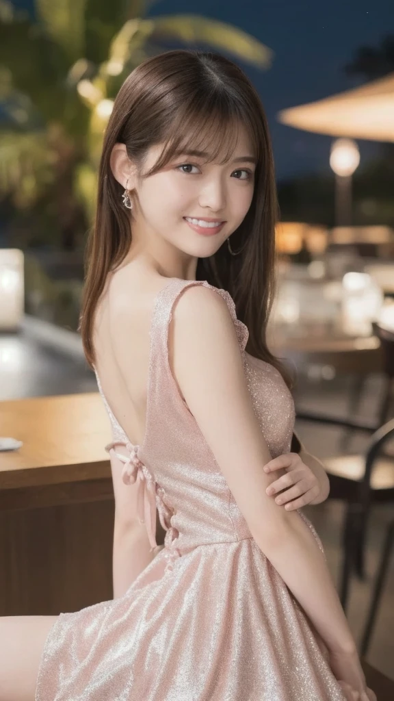 highest quality、8k wallpaper、Reality:1.4、Photographed by a professional photographer、Cinema Lighting、View your viewers、background:Night view spot、1 beautiful girl、Japanese Idol、23 years old、Beautifully detailed eyes、Detailed face、Beautiful Skin、Slender、Slim waist、Thin legs、Red lipstick、Light Hair:1.8、Blonde: 1.8、The light is shining on her hair、Fancy hairstyle:1.8、Asymmetrical bangs、lace fabric dresses 、smile:1.8、Seductive pose