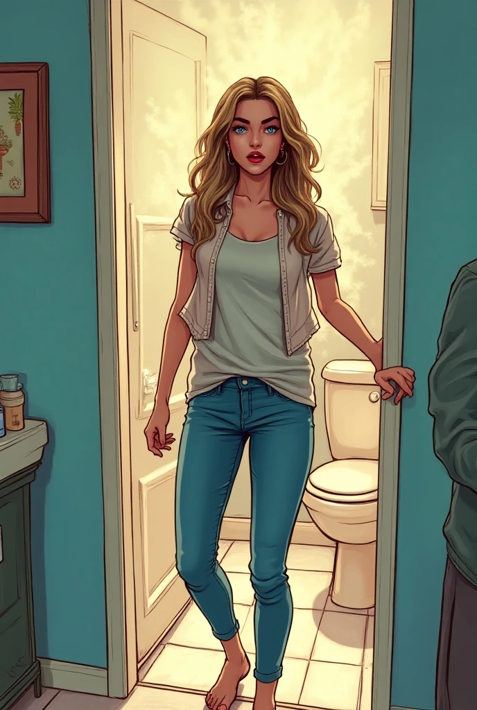 (masterpiece: 1.2), (best quality), A girl (in a thong and bra), with a slim, slender body and curves, is brushing her teeth in the bathroom while a man looks at her from behind the door