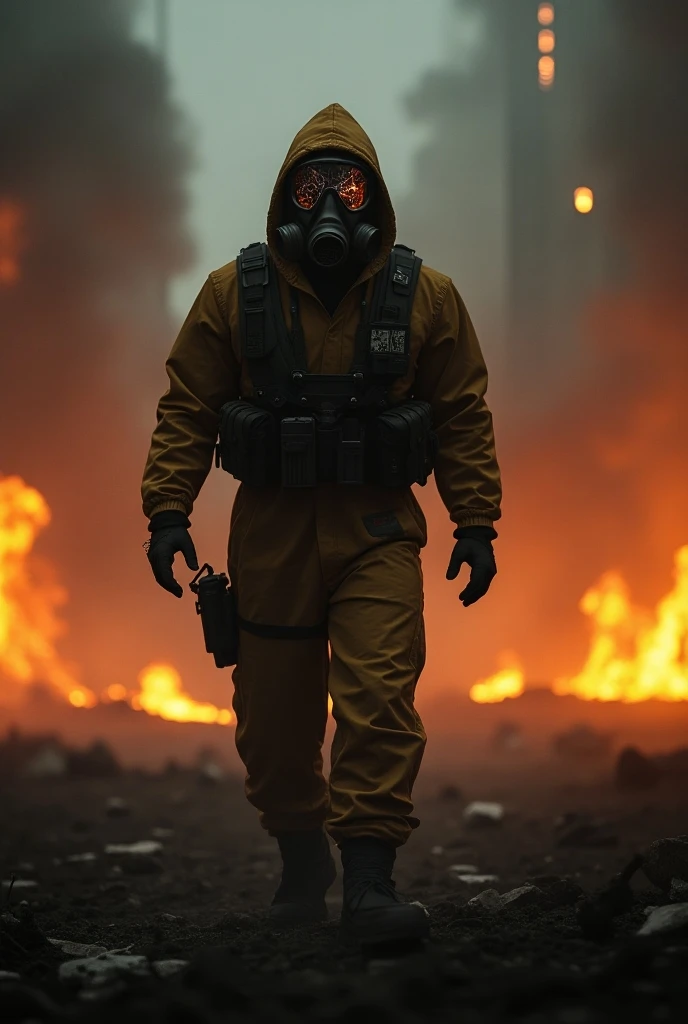 1 man in yellow and orange anti-radioactivity protective clothing in a post-radioactive apocalypse street with green smoke