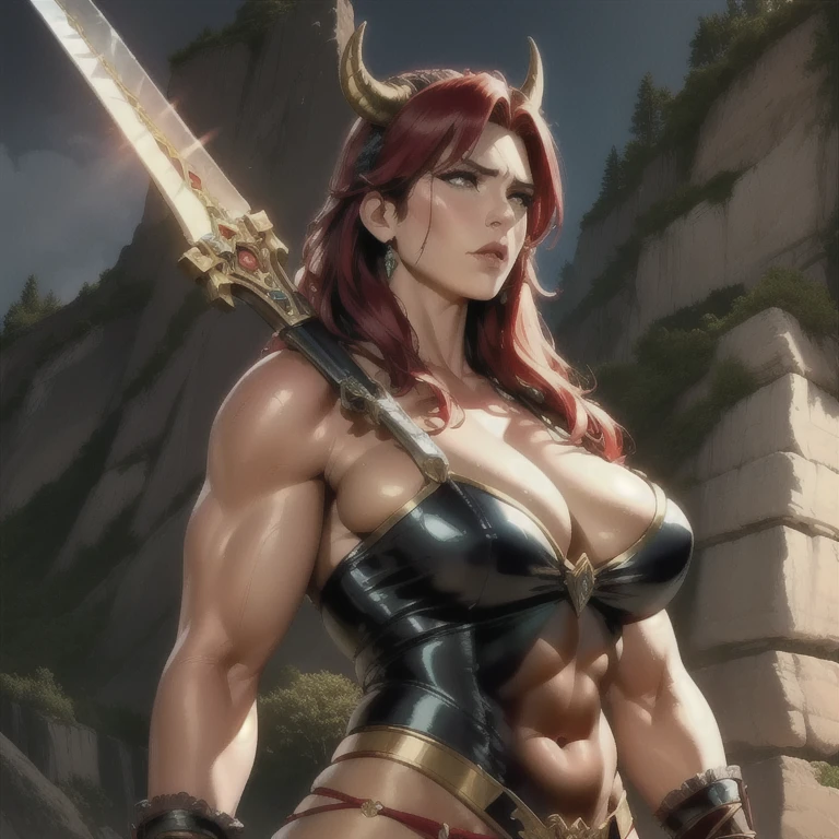 A muscular Red Sonja holding a sword, horns and bovine ears, staring intently at the viewer, modest clothing, barbarian warrior, (best quality,4k,8k,highres,masterpiece:1.2),ultra-detailed,(realistic,photorealistic,photo-realistic:1.37),HDR,UHD,studio lighting,ultra-fine painting,sharp focus,physically-based rendering,extreme detail description,professional,vivid colors,bokeh,fantasy,cinematic lighting,dramatic pose,muscular female character,intricate armor details,barbaric tribal aesthetic,moody lighting,dramatic shadows