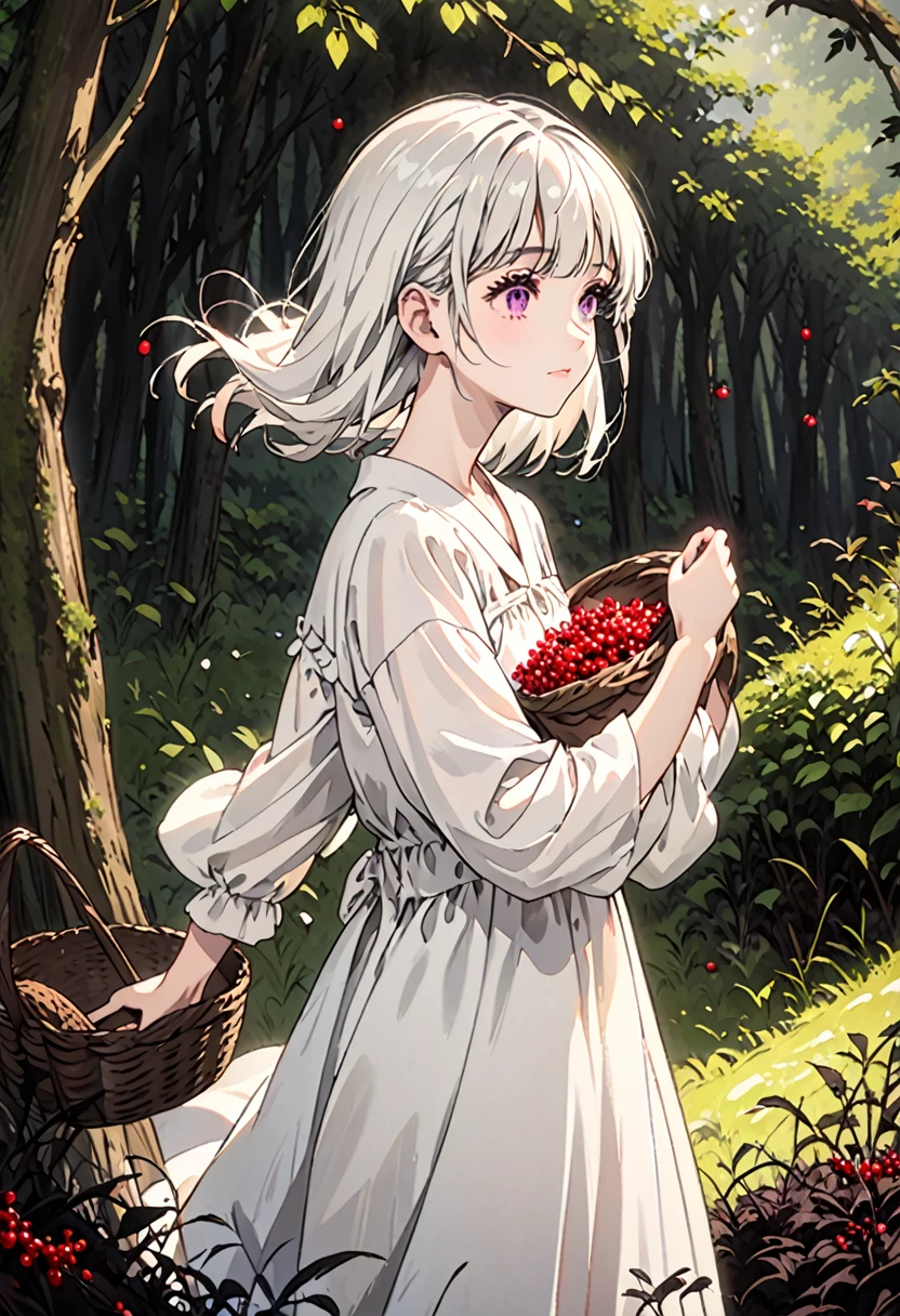 Very young woman {}, long white hair with bangs, bright purple eyes, long eyelashes, pink cheeks, faint smile, wearing a shabby short white dress. Standing while carrying a basket filled with red berries in your right hand, body sideways, gaze at the screen. forest and black grass background.Full HD, Full color