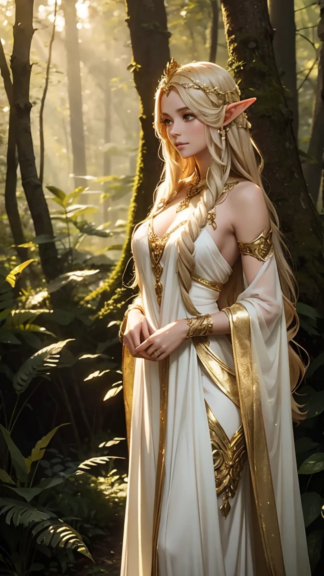 An elven queen with long golden hair, standing in a forest. She wears a sheer white gown with gold accents, her body partially revealed under soft sunlight filtering through the trees. Detailed jewelry adorns her, and her expression is calm and confident.