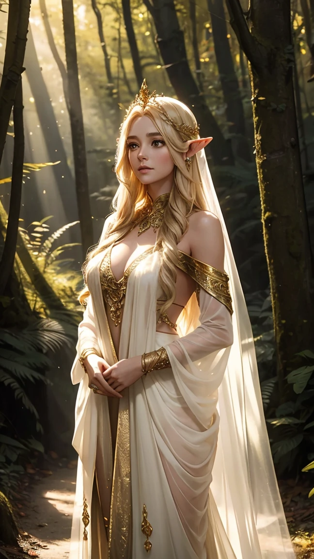 An elven queen with long golden hair, standing in a forest. She wears a sheer white gown with gold accents, her body partially revealed under soft sunlight filtering through the trees. Detailed jewelry adorns her, and her expression is calm and confident.