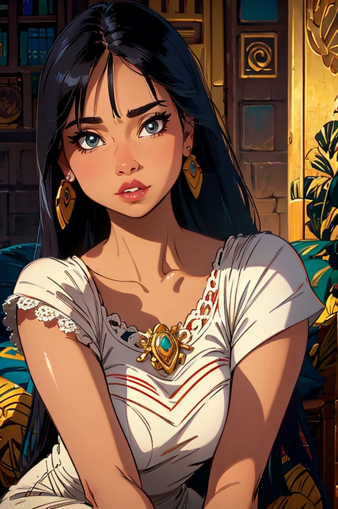 a beautiful latina woman, sitting on her knees, looking directly at the viewer, intricate detailed facial features, beautiful eyes, lush lips, delicate skin, ornate jewelry, intricate lace dress, dramatic lighting, cinematic composition, ultra-detailed, photorealistic, award-winning portrait