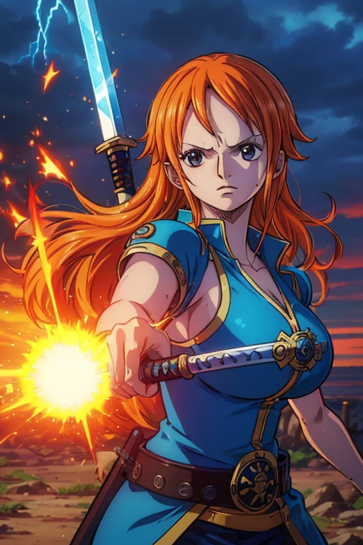  (Best Quality, 4K, 8k,  High Resolution , masterpiece:1.2), Super detailed, (Realistic, photoRealistic, photo-Realistic:1.37),  Preserving Anime Style ,Nami from One Piece,Brave look,Pale orange hair ,Left shoulder tattoo,Large Breasts, Female warrior, female knight,Holy Sword Knight Armor ,shield,Wield a blue sword,He is a capable thunder magic swordsman,aura, A World Where Blue Lightning and Light Shines,(The destructive power of a thunder magic sword )