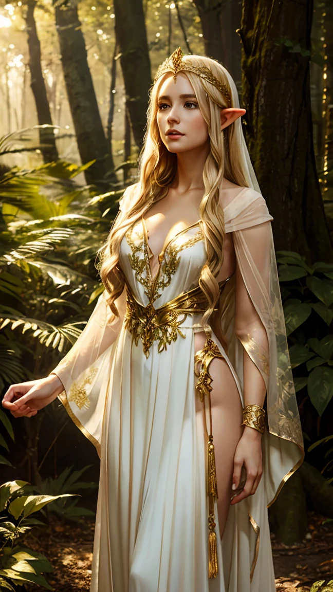 An elven queen with long golden hair, standing in a forest. She wears a sheer white gown with gold accents, her body partially revealed under soft sunlight filtering through the trees. Detailed jewelry adorns her, and her expression is calm and confident.