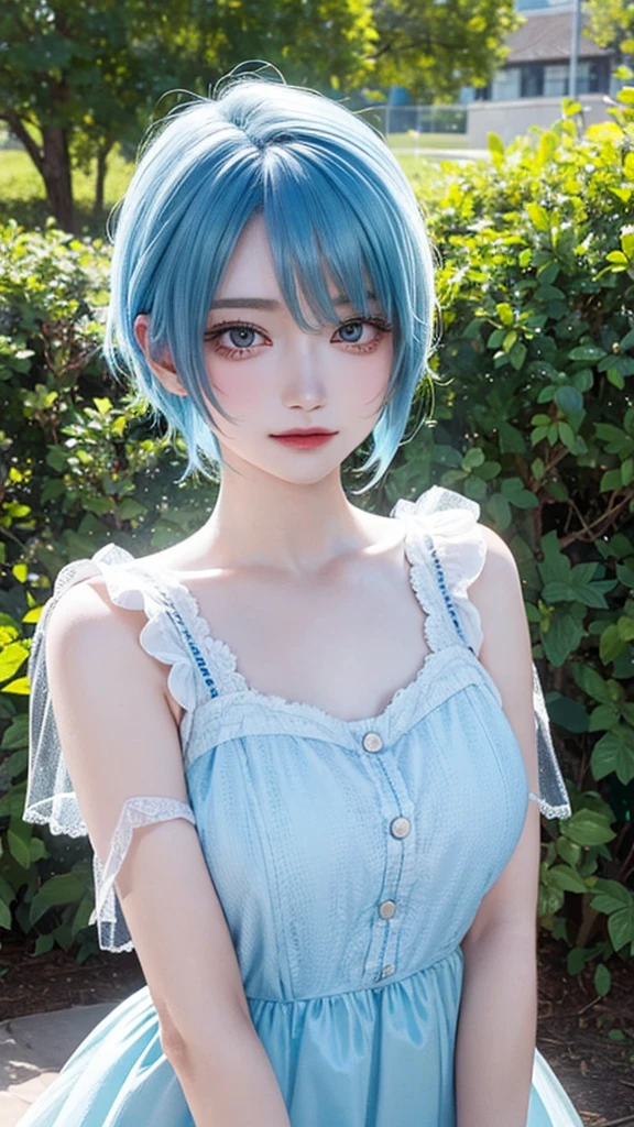 Short blue hair yellow dress light blue eyes and cheerful girl version