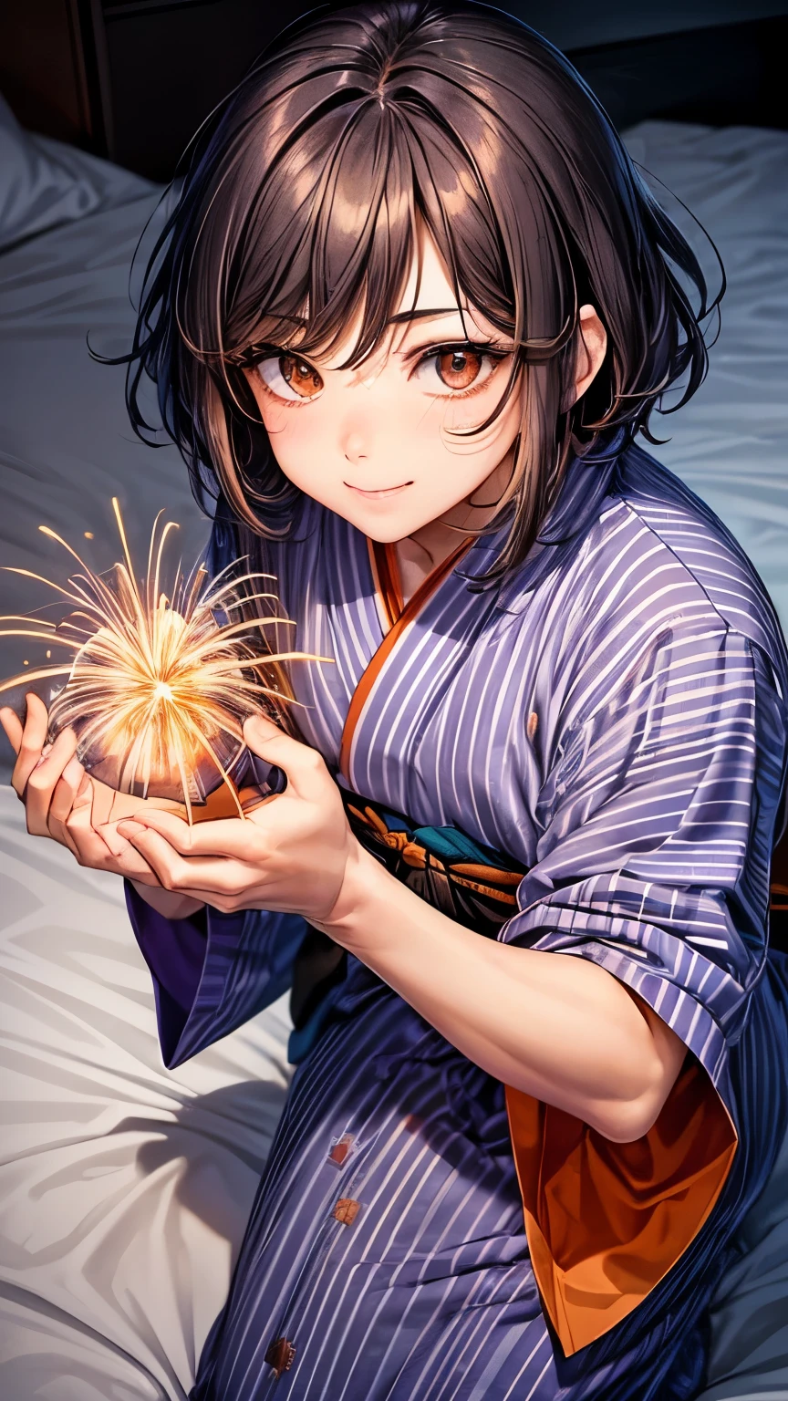 1girl、Black Hair、Indigo yukata、Yellow belt、squat、Sparkler、night、Illuminate the face、deep faint light 、 detailed CG、high resolution