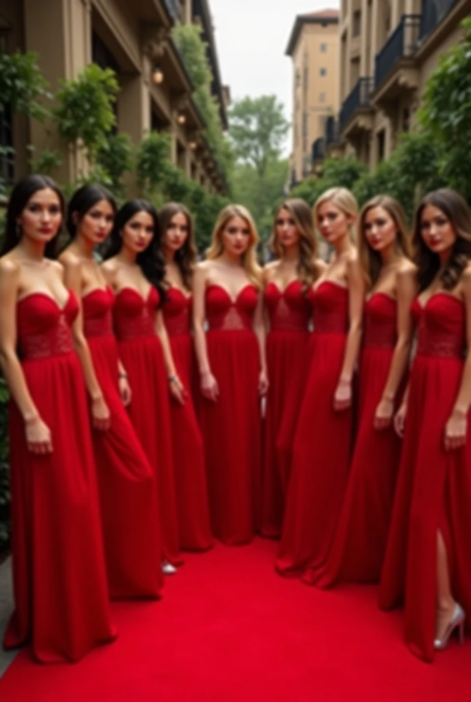 professional full body photo of a group of 14 young woman in red dress models posing, 14 detailed faces, natural light, photorealistic, looking at the viewer, background black wall, <lora:multifaces_v2:0.8>