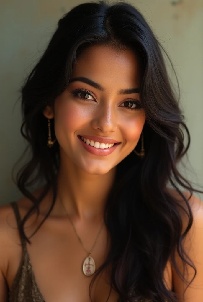 "Generate a stunning and photo-realistic image of a Latina woman in a clear and flattering headshot. Begin with a high-quality, well-lit photo that prominently showcases her face. Encourage a natural smile and direct eye contact with the camera. Enhance her features to highlight her unique beauty, including her radiant skin, expressive eyes, and captivating smile. Latina. The overall image should exude confidence, warmth, and approachability, capturing the essence of her captivating presence." Soft lighting,