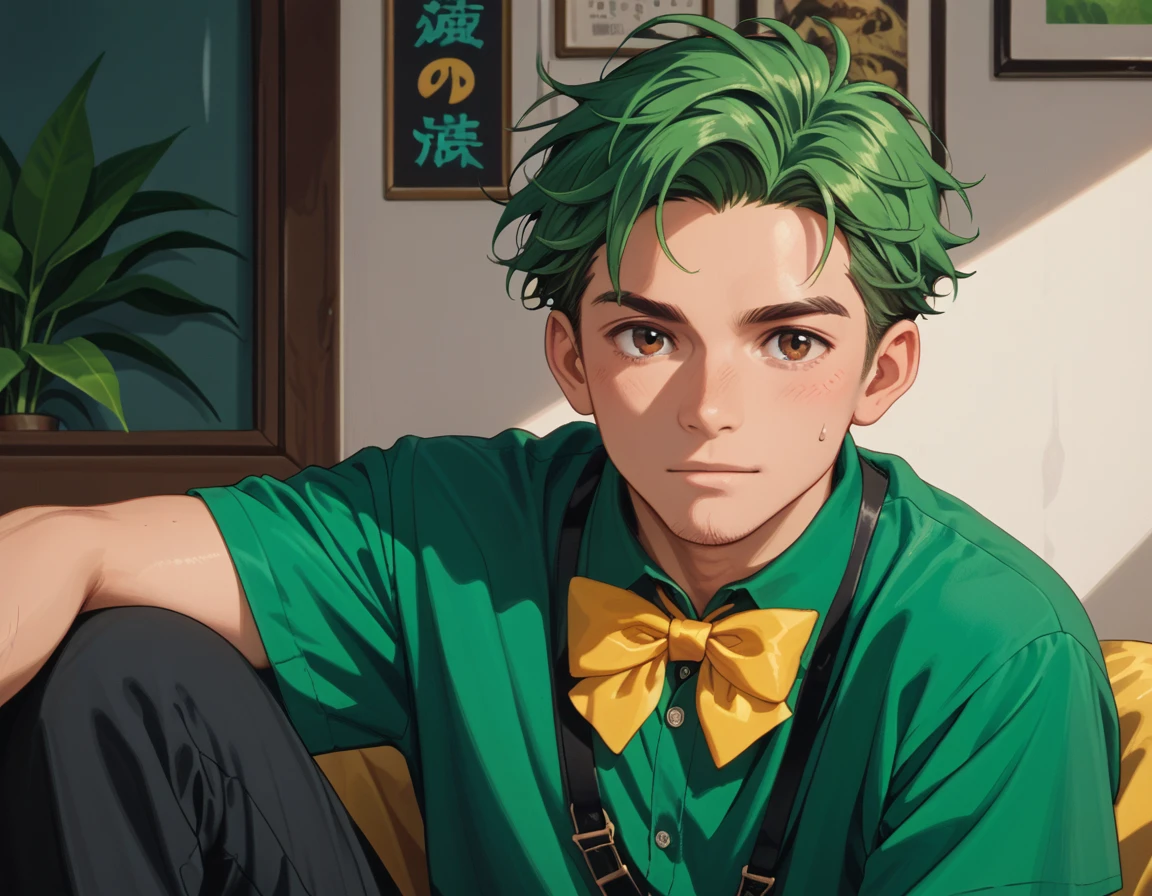 A 17 year old male teenager with a green jelly skin, brown eyes and a blue, green hair, wearing a green shirt with black straps, and black pants and a yellow bowtie