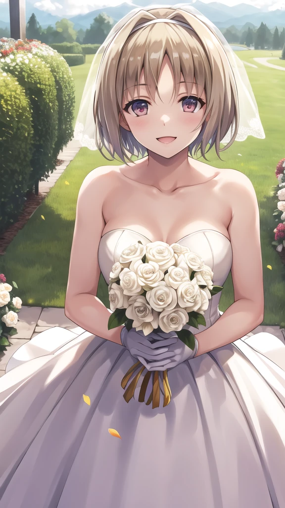 masterpiece, best quality, highres, aakikyo, short hair, hair intakes, white hairband, wedding dress, white dress, white gloves, bridal veil, holding bouquet, garden, confetti, smile, flower, cowboy shot