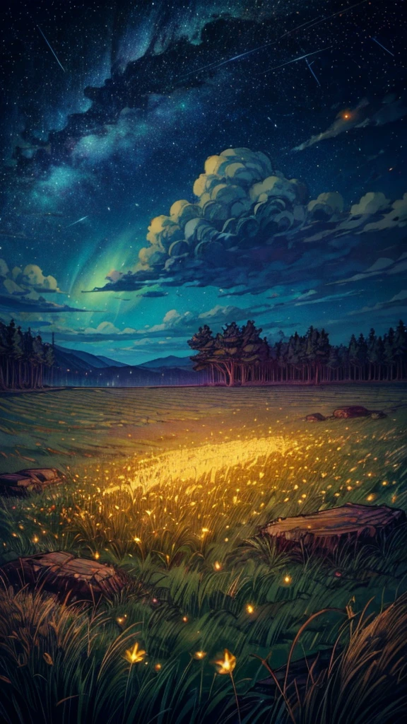 A grassy field lit by thousands of glowing fireflies under a clear, starry night sky.