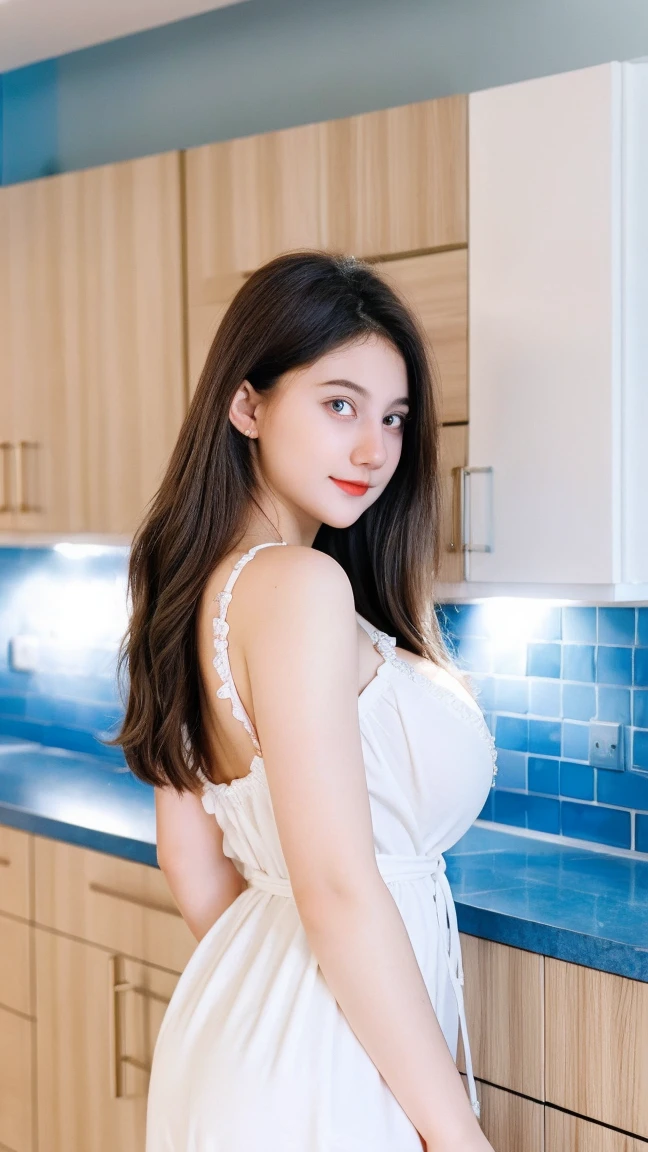 Gorgeus Girl, Beautiful, *********, 20 Years Old, White Skin, Colossal Breasts, Home Wife, Sexy Pose, White Loose Slip Dress, Blue Eye, Muscles, Bokeh, Kitchen Background, Masterpiece, Fullbody Shot