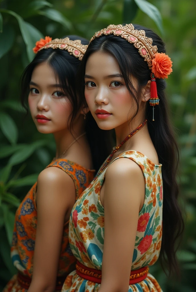 ((Realistic:1.5)),Ulzzang-6500:1.3，((Best quality)), ((Masterpiece)),((Detailed)),2girls,duo,{2 beautiful women}, (Upper body:1.3),Hug and touch each other, Tease your friend's waist, Breathless friends, Biting a friend's earlobe, crouched,super wide shot,Face focus, Long legs,Curvy, Barefoot,Wide hips, Thin legs, Oversized eyes,Long eyelashes, (Detailed face,beautidful eyes, detailedpupils,detailed clothes features, Clear background:1.3), (armlets, bangle:1.3), Mysterious ancient ruins, floresta exuberante, Deep canyon,bridge,River,cliff,Cloud,lakes,Rock music,Waterfalls, Flowers, Grass,grape trees,tree,bright detail,Sharp,Perfect compounding, Intricate, Sharp focus, Dramatic,
