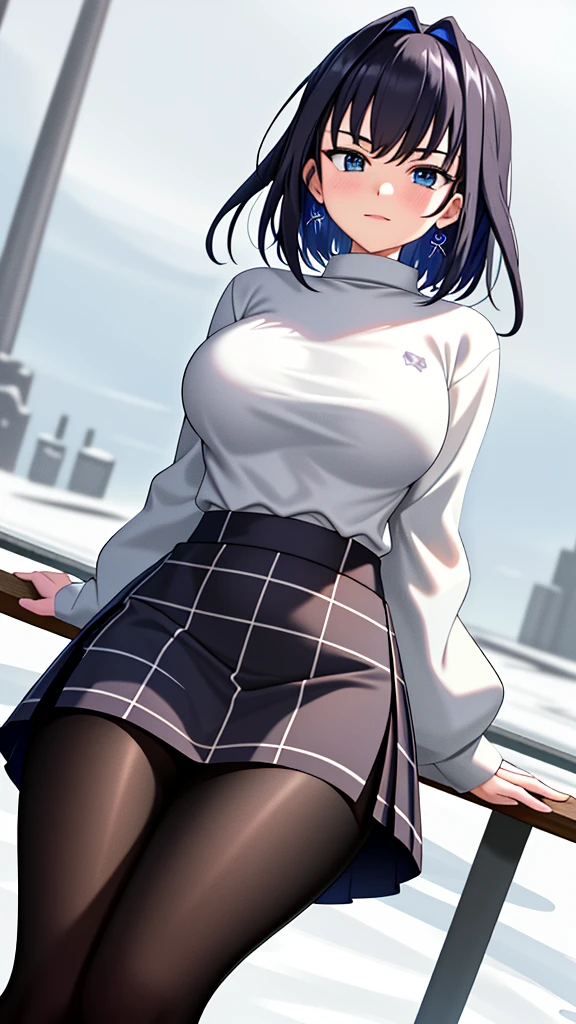 Outfit: Turtleneck sweater and plaid skirt, skirt is short and tight fitting, sweater is tucked in a little to accentuate waistline, black tights worn. Emphasize your hips by sticking them out. Pose: Leaning slightly to look at snow. Location: Snowy park, looking at snowy scenery.(Image:3k Pixels.Draw neat lines. Number of people: 1 person).(1 right arm),(1 left arm),(1 right leg),(1 left leg),((Depictingthe fiveneatly shaped fingertips)),