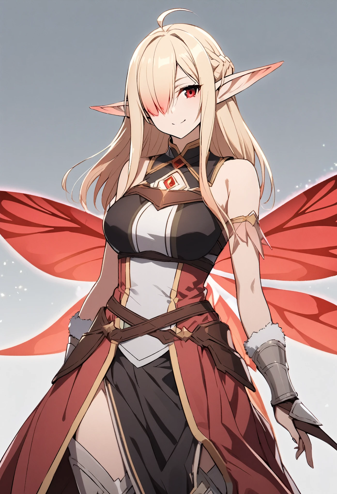 (high-quality, breathtaking),(expressive eyes, perfect face) 1girl, female, solo, mature, half open eyes, Alicization, Symmetrical Eyes, simple background, gentle smile, long hair, fantasy outfit, SAO inspired, maomao, armor, chest plate, sword art online outfit, cowboy shot, medium full shot, light blonde hair, bangs, alluring red eyes, large breasts, knight attire, Bicep-high Gauntlets, Armored Boots, Thigh-high Heeled Boots, Armored Gauntlets, Adventurer gear, Skirt, black white and pink color palette, black clothes, light pink accents on clothes, hair between eyes, fluffy hair, half open eyes, hair over one eye, small Ahoge, pale blonde hair color, bright red eye color, straight hair, (NO braids in hair), fantasy elf ears, (long elf ears), (symmetrical black fairy wings, ALfheim fairy wings, red glow wings)