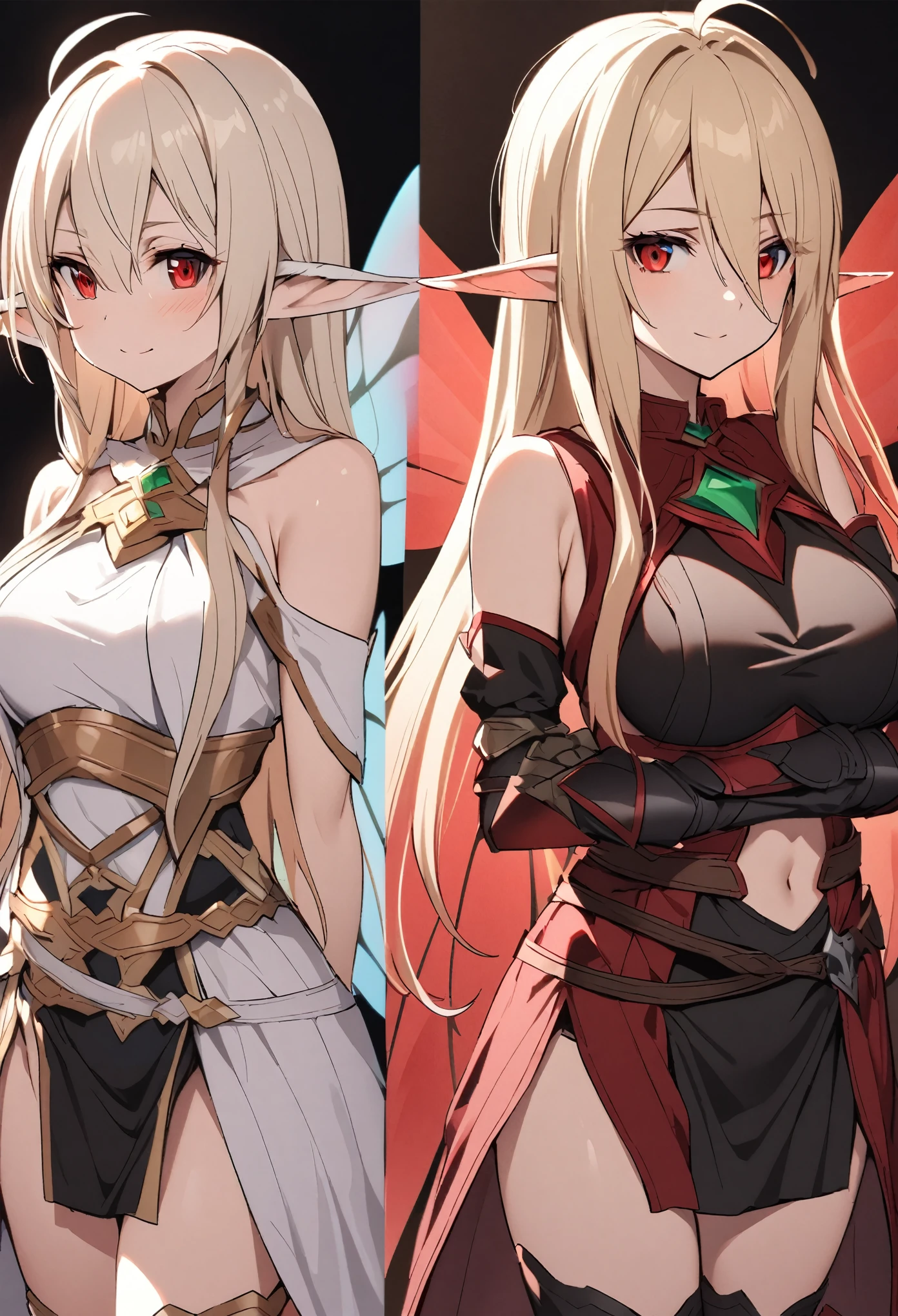 (high-quality, breathtaking),(expressive eyes, perfect face) 1girl, female, solo, mature, half open eyes, Alicization, Symmetrical Eyes, simple background, gentle smile, long hair, fantasy outfit, SAO inspired, maomao, armor, chest plate, sword art online outfit, cowboy shot, medium full shot, light blonde hair, bangs, alluring red eyes, large breasts, knight attire, Bicep-high Gauntlets, Armored Boots, Thigh-high Heeled Boots, Armored Gauntlets, Adventurer gear, Skirt, black white and pink color palette, black clothes, light pink accents on clothes, hair between eyes, fluffy hair, half open eyes, hair over one eye, small Ahoge, pale blonde hair color, bright red eye color, straight hair, (NO braids in hair), fantasy elf ears, (long elf ears), (symmetrical black fairy wings, ALfheim fairy wings, red glow wings)