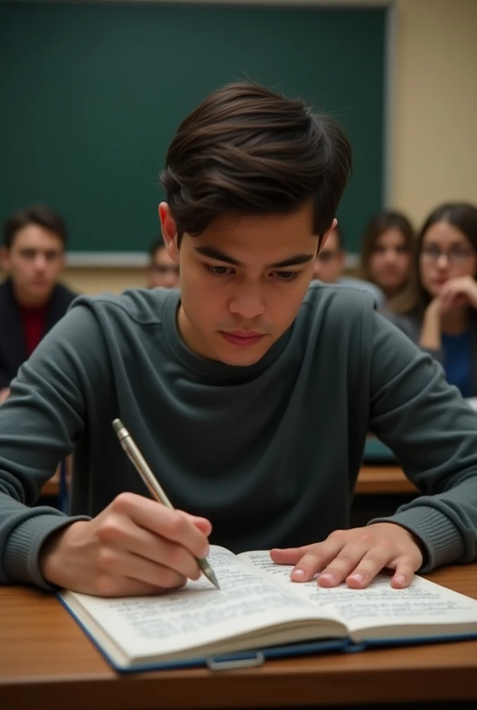 Boy at school with his friends telling a story sitting in the school cafeteria drinking milk with a creative imagination when listening to his he had an idea