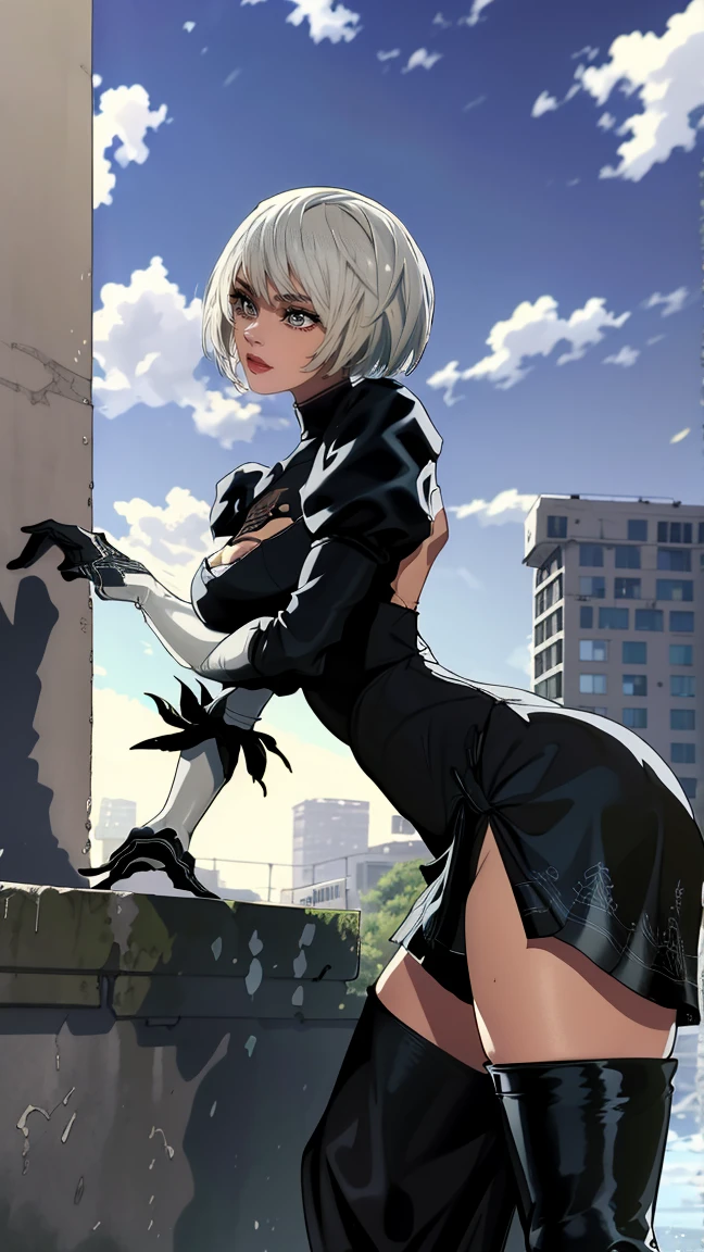 (masterpiece:1.2,  better quality:1.2, Beautiful,  high quality ,  High definition :1.1, aesthetics), in detail, extremely in detail,  soft ambient lighting , 4K, perfect eyes, perfect face,  perfect lighting,  cowboy shot , there is no yorha. 2 type b,  1girl, absurd, black blindfold, black dress, black hair band, blindfold, blue sky, boots, building, city, cloud, closed eyes, debris,  huge ass, huge breasts, huge hips, narrow waist, wide hips, thick thighs, curved, dress,  feather sleeves ,  feather trim , leaning over, leaning forward, from below, gloves, grass, hair band, high heel boots,  high heel shoes,  High definition , puff sleeves, katana, skin, skin boots, long sleeves, nier \(series\), nier automata,  outdoor , overgrown, \(nier automata\), post apocalypse, puddle, puffy sleeves, crushed stone, ruin, landscape, sky, thigh boots, stockings, stockings under boots, water