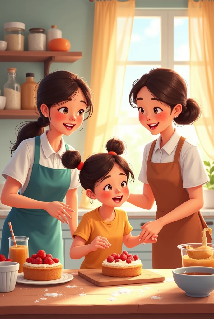 Mother and children baking cake