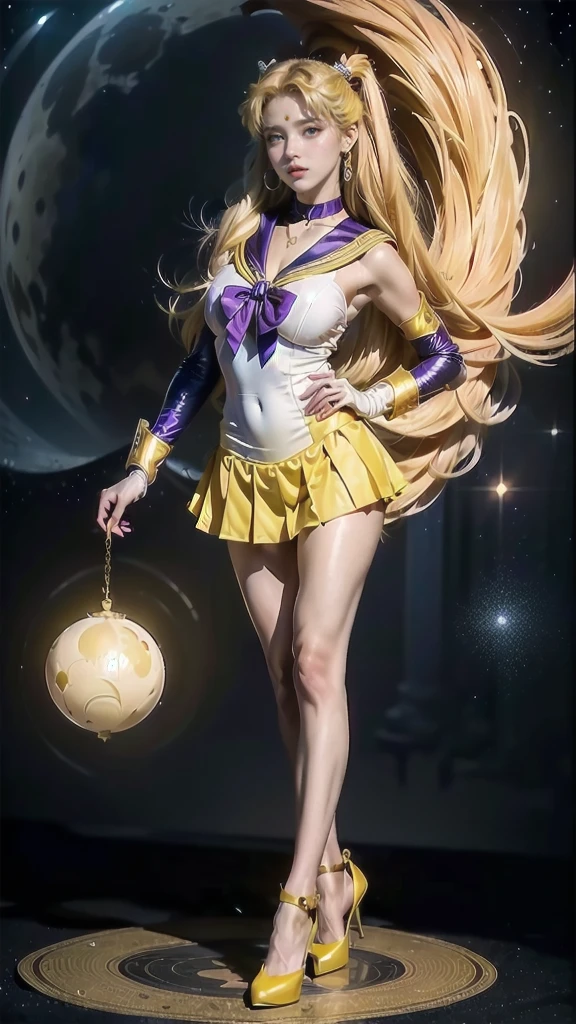 ((​masterpiece:1.4)、(top-quality:1.4)、(reallistic:1.7))、masuter piece:1.4、a beauty girl、(Sailor Moon:1.4)、Tsukino Usagi、Body Fit Sexy Sailor Senshi Uniform、(latex shiny)、(The jacket is a white sleeveless sailor suit)、(Skirt Blue Sexy Ultra Ultra Pleated Mini Skirt)、The collar of the sailor suit is blue with two thin lines.、high leg swimsuit、Red cloth ornament on chest、(Wearing white gloves)、Kawaii Girl、Super beauty、sharp focus、Portrait photos、(Perfect female body:1.4)、perfectly proportions、Full body shooting:1.4、Beautiful face、beautidful eyes、Narrow waist、beauty legs、(yellow hair:1.4)、(length hair:1.2)、Beautiful udder、large full breasts:1.2、Sexy ass、Raw photo、red-lips、Red high heels:1.4、a choker:1.4、a necklace:1.4、earrings:1.4、Luxurious Golden Tiara:1.4、1 screen display、a moon、cosmos、spaceships、A space station、City of the Future, Cameltoe, body proportions, (Chapped lips:1.4), (blush de nariz:1.2), foreshortening, black cuts, (eye contact), High contrast, ultra high resolution, high resolution, detailed, Clean face, (sensual face:1.5), (big purple eyes:1.2), (ultra detailed eyes:1.4), ( high resolution eyes:1.1), (ultra detailed skin texture:1.4), PERSEPHONE, Persephone, Persephone, (SFW:1.5), (full body:1.8), (upper body up:0.3), (hyper realistic:1.4), (realistic:1.3), (best quality real texture skin), Detailed eyes, detailed face,
