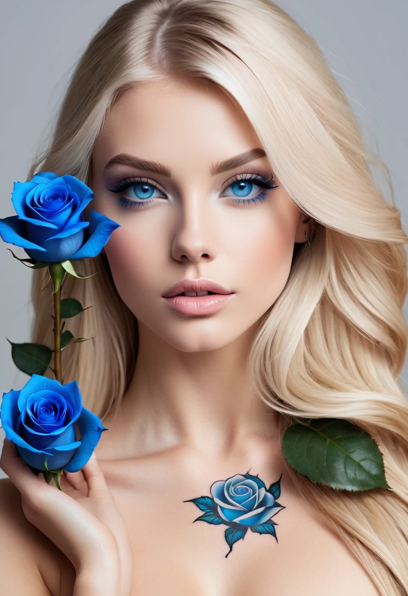  full body photo of an beautiful nude girl,straight long blond hair, natural blue eyes, arm with a blue rose tattoo, perfect lips, face of the perfect face, sexy, Sensual, 