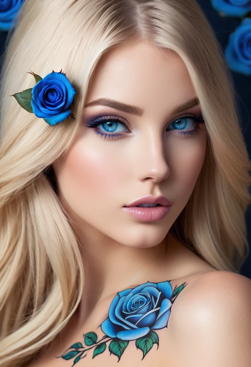  full body photo of an beautiful nude girl,straight long blond hair, natural blue eyes, arm with a blue rose tattoo, perfect lips, face of the perfect face, sexy, Sensual, 