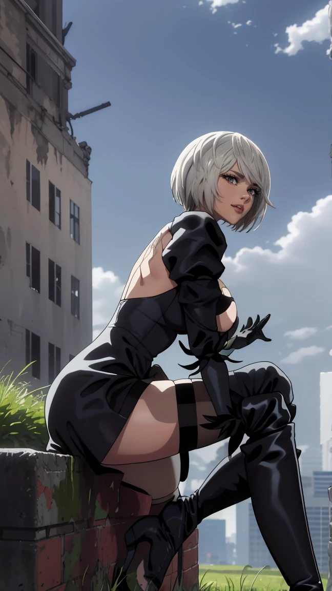 (masterpiece:1.2,  better quality:1.2, Beautiful,  high quality ,  High definition :1.1, aesthetics), in detail, extremely in detail,  soft ambient lighting , 4K, perfect eyes, perfect face,  perfect lighting,  cowboy shot , there is no yorha. 2 type b,  1girl, absurd, black blindfold, black dress, black hair band, blindfold, blue sky, boots, building, city, cloud, closed eyes, debris,  huge ass, huge breasts, huge hips, narrow waist, wide hips, thick thighs, curved, dress,  feather sleeves ,  feather trim , leaning over, leaning forward, from below, gloves, grass, hair band, high heel boots,  high heel shoes,  High definition , puff sleeves, katana, skin, skin boots, long sleeves, nier \(series\), nier automata,  outdoor , overgrown, \(nier automata\), post apocalypse, puddle, puffy sleeves, crushed stone, ruin, landscape, sky, thigh boots, stockings, stockings under boots, water