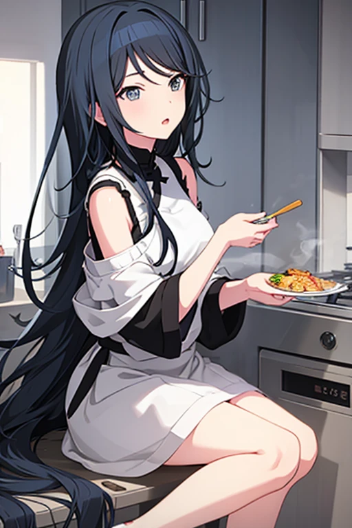  1 girl, Black Hair, long hair ,See the listeners, Shoulder-length hair　　　 anime style　meal　Simple Background　kitchen