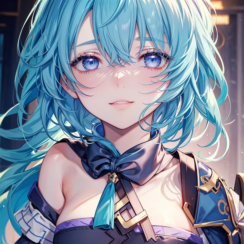 a beautiful woman with messy blue hair in a ponytail, standing and smiling, with extremely detailed and vivid eyes, nose, and lips, (best quality,4k,8k,highres,masterpiece:1.2),ultra-detailed,(realistic,photorealistic,photo-realistic:1.37),HDR,UHD,studio lighting,ultra-fine painting,sharp focus,physically-based rendering,extreme detail description,professional,vivid colors,bokeh,portraits,concept artists,icy blue hair color,beautiful detailed eyes,beautiful detailed lips,extremely detailed eyes and face,long eyelashes,1girl,smiling,focused on the face,Kamisato Ayaka (Genshin Impact),detailed hair,bangs,best lighting,best shadows,highly detailed