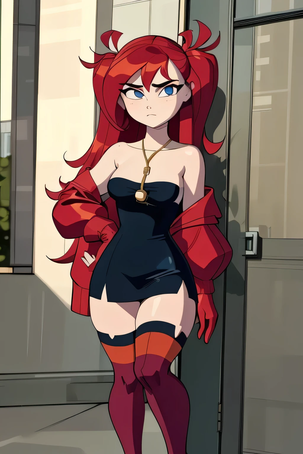 ((masterpiece, best quality)), (8k, best quality), (((best quality))), 1girl, solo, anime style, highly detailed and realistic, good anatomy, photorealistic rendering, a young woman with red pigtails and blue eyes, wearing an unbuttoned red jacket over a black dress, black gloves, and white thigh-high socks. Sunglasses rest on her head. Subtle movement in her hair and jacket, as if a gentle breeze passes by. She stands confidently on a concrete surface with soft shadows, creating a realistic urban setting. The background is simple and indoors with neutral colors. Emphasis on her stylish and modern look, capturing her confident posture, natural proportions, and intricate attire and accessories. Ultra high resolution, perfect anatomy, contemporary style, award-winning illustration, dramatic lighting, hyper-detailed clothing folds, vibrant colors, subtle shadows, score_9, score_8_up, score_7_up, score_6_up, score_5_up, score_4_up, (anime_source)