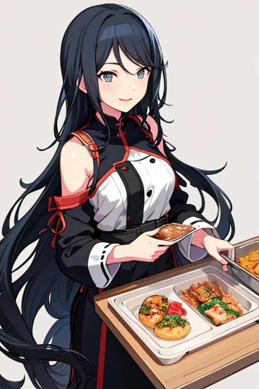  1 girl, Black Hair, long hair ,See the listeners, Shoulder-length hair　　　 anime style　meal　Simple Background　kitchen　smile